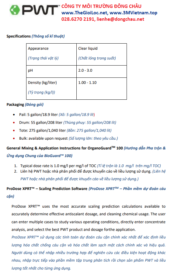 Catalogue OrganoGuar 100 - PWT chống cáu cặn hữu cơ màng RO Catalogue OrganoGuar 100 - PWT chống cáu cặn hữu cơ màng RO