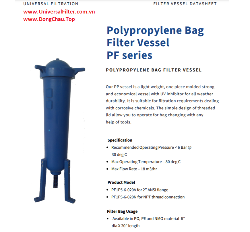 Catalogue thông số kỹ thuật bình nhựa PP lọc túi size 5 của Universal Catalogue thông số kỹ thuật bình nhựa PP lọc túi size 5 của Universal