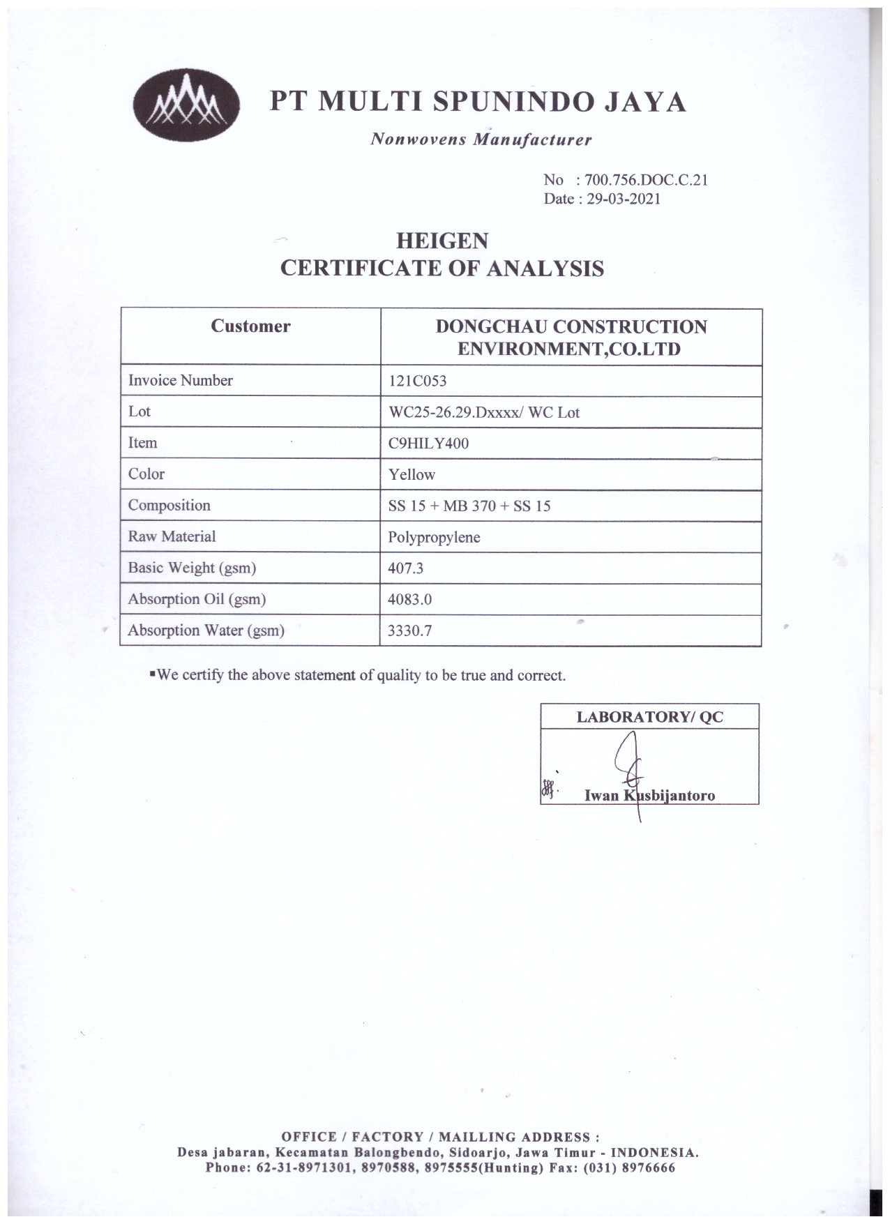 Chứng nhận phân tích Tấm thấm hút hóa chất Indonesia Chứng nhận phân tích Tấm thấm hút hóa chất Indonesia