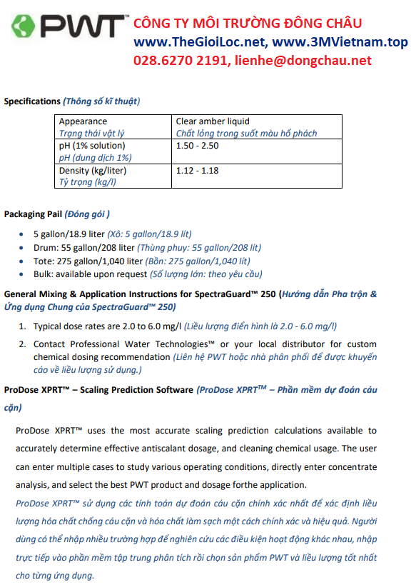 Catalogue dung dịch SpectraGuarrd 250 PWT chống cáu cặn màng RO/NF/UF thành phần tính chất Hóa chất chống cáu cặn SpectraGuard-250 PWT