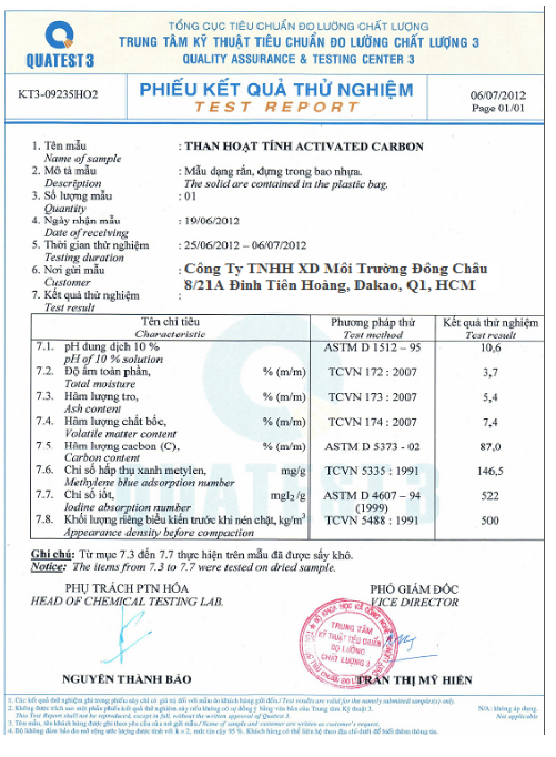 Bảng phân tích Than hoạt tính Việt Nam bảng chứng nhận chất lượng Than hoạt tính diệt khuẩn khử mùi trong nước 1mm - 3mm