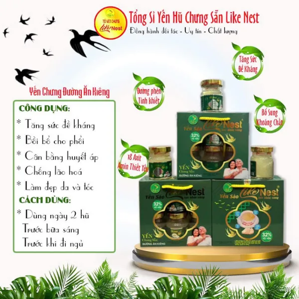 Tổ Yến Chưng Sẵn Đường Ăn Kiêng 32%  Lốc 6 Hủ