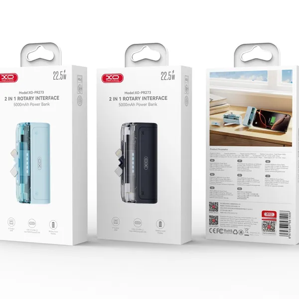 Sạc dự phòng XO PR273 - 5.000mAh, sạc nhanh 22.5W, kèm cổng iOS & Type-C