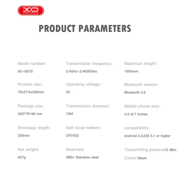 Gậy Chụp Ảnh Bluetooth Kèm Giá Đỡ XO SS15 - Gậy Tự Sướng Chân Dài