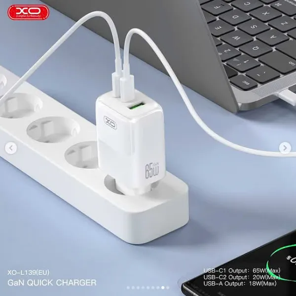 Bộ sạc nhanh 65W đa năng XO L139 EU - Sạc cùng lúc 3 thiết bị, kèm cáp sạc Type C