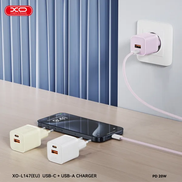 Củ sạc 20W XO L147 - Sạc siêu tốc, nhỏ gọn, lý tưởng cho sạc iPhone và Android.