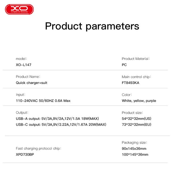 Củ sạc 20W XO L147 - Sạc siêu tốc, nhỏ gọn, lý tưởng cho sạc iPhone và Android.