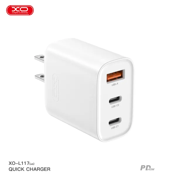 Bộ sạc đa năng XO L117 45W hỗ trợ sạc nhanh iPhone và Android kèm dây sạc