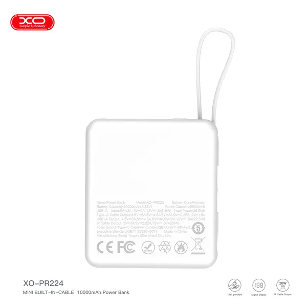Sạc dự phòng mini XO PR224 công suất 22.5W màn hình Led hiển thị dung lượng chính xác