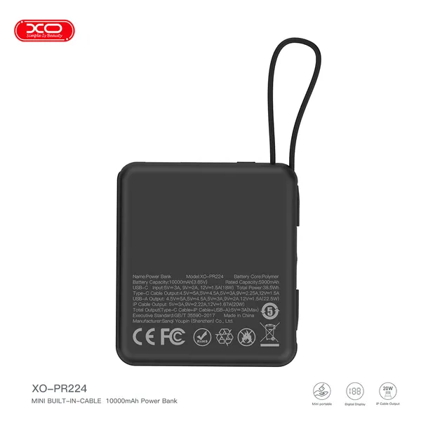 Sạc dự phòng mini XO PR224 công suất 22.5W màn hình Led hiển thị dung lượng chính xác
