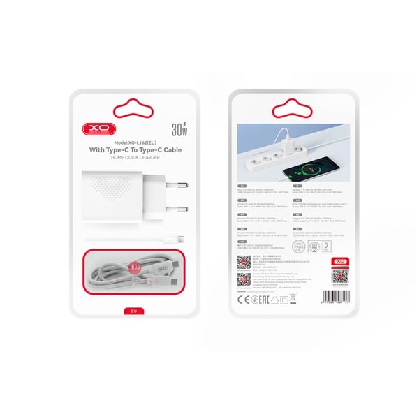 Đầu sạc XO L162 30W 1 cổng Type C màu trắng sang trọng hỗ trợ sạc nhanh mọi thiết bị