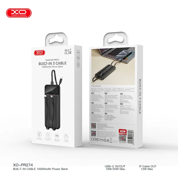 Sở hữu ngay sạc dự phòng có dây XO PR274 - Tích hợp cáp sạc 22.5W, màn hình LED