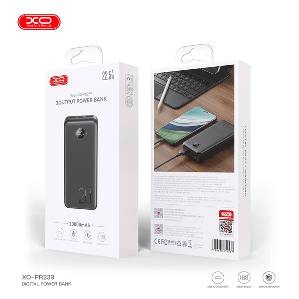 Sạc dự phòng XO PR239 - 20.000mAh, sạc nhanh PD 22.5W, màn hình LED