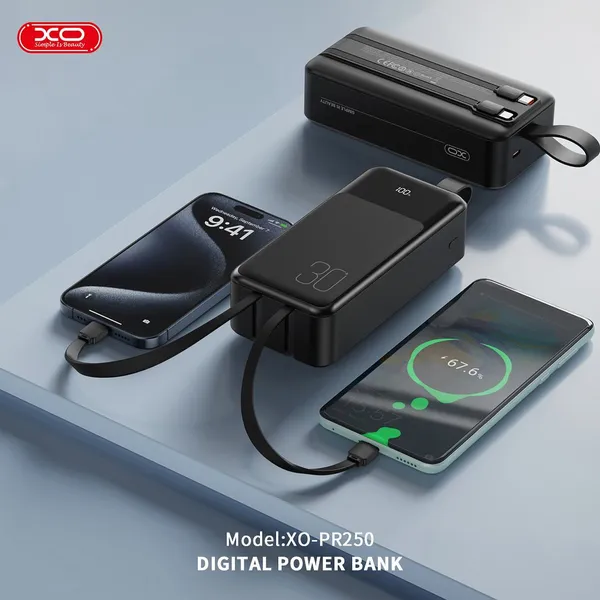 Sạc dự phòng XO PR250 - 30.000mAh, sạc nhanh đa năng, kèm 2 dây sạc