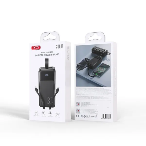 Sạc dự phòng XO PR250 - 30.000mAh, sạc nhanh đa năng, kèm 2 dây sạc