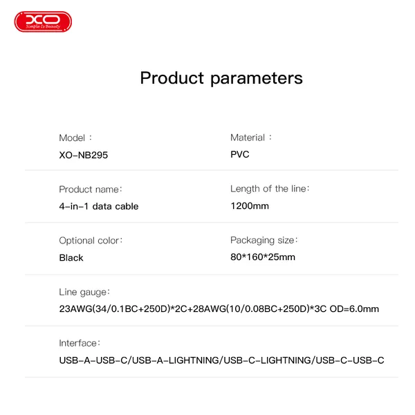Cáp sạc 4 trong 1 XO NB295 Thiết kế thông minh Chống đứt gãy sạc siêu tốc