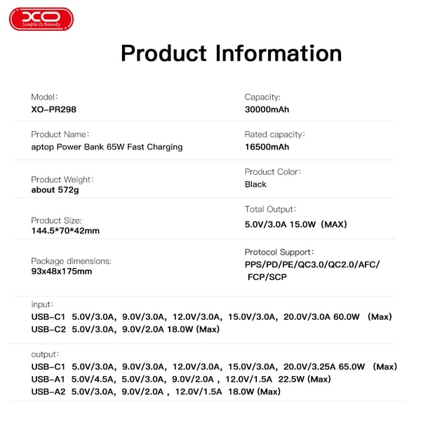 Pin sạc dự phòng 65W 30000mAh XO PR298 Sạc siêu nhanh cho Laptop và Smartphone