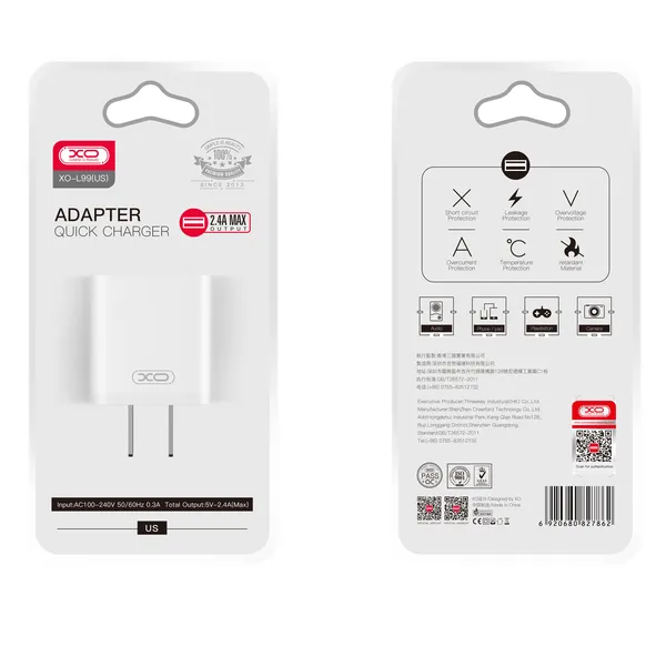 Bộ Sạc Chính Hãng XO L99 - Sạc Nhanh 2.4A, Dùng Cho Iphone, Samsung 