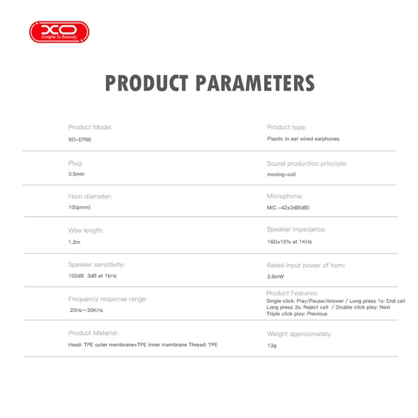 Tai nghe jack 3.5 XO EP86 chính hãng dây TPE chống rối cao cấp