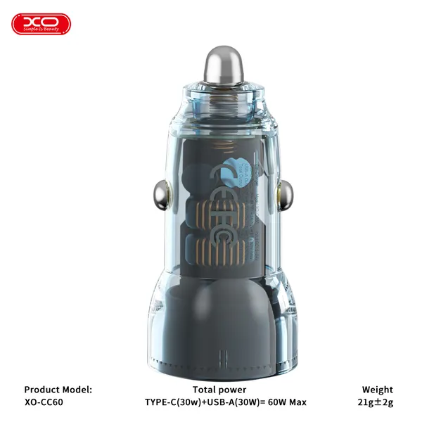 Đầu Sạc Ô Tô Đa Năng Công Suất 30W XO CC60, Trong Suốt, Hỗ Trợ Sạc Nhanh