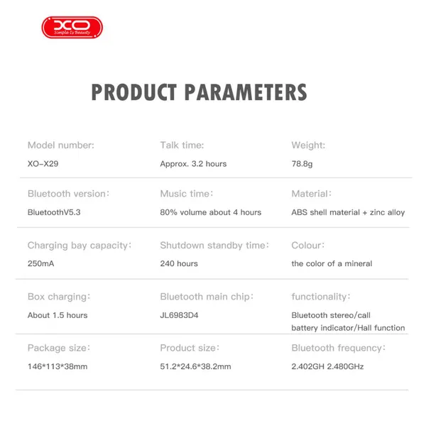 Tai nghe Airpod XO X29 TWS Hợp Kim Nhôm, Cổng Sạc Type C, Âm Thanh Sống Động