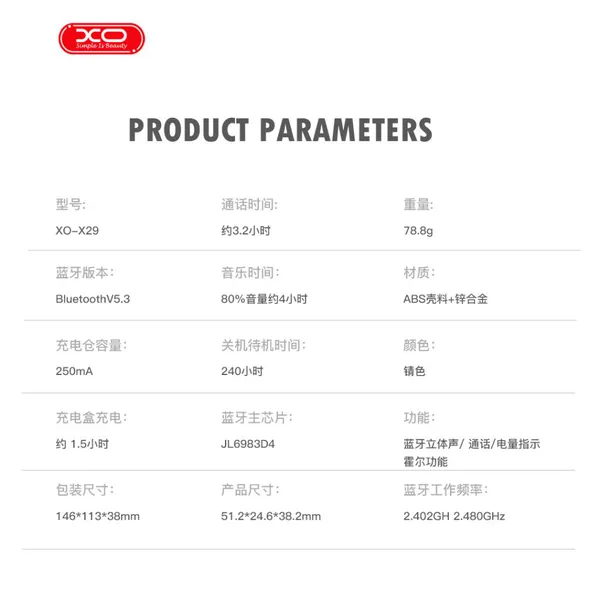 Tai nghe Airpod XO X29 TWS Hợp Kim Nhôm, Cổng Sạc Type C, Âm Thanh Sống Động