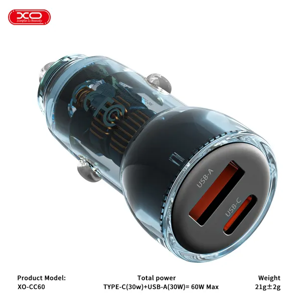 Đầu Sạc Ô Tô Đa Năng Công Suất 30W XO CC60, Trong Suốt, Hỗ Trợ Sạc Nhanh