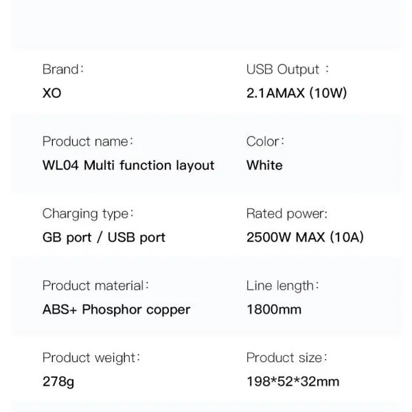 Ổ Điện XO WL04 (US) Công Suất 10A 3 Cổng USB Dài 1.8M