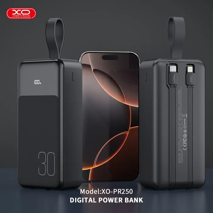 Sạc dự phòng XO PR250 - 30.000mAh, sạc nhanh đa năng, kèm 2 dây sạc