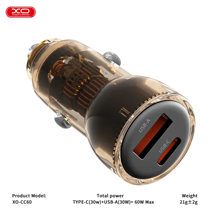 Đầu Sạc Ô Tô Đa Năng Công Suất 30W XO CC60, Trong Suốt, Hỗ Trợ Sạc Nhanh