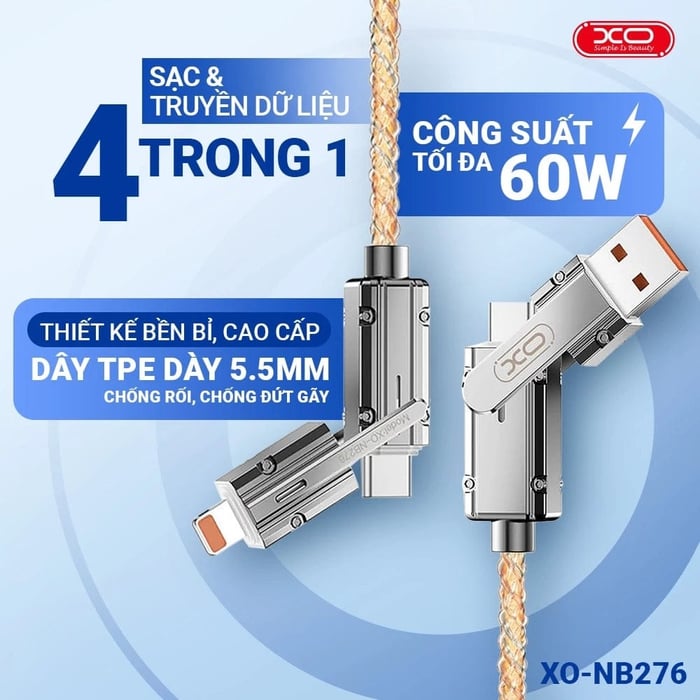 Cáp sạc 4 trong 1 XO NB276 Giải pháp sạc tất cả trong một tích hợp đèn Led