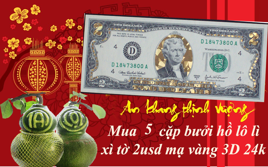 ♦ Tiền 2 USD Mạ Vàng 3D được Bộ Tài Chính Mỹ cho thiết kế và thực hiện bắt đầu vào năm 2005 cho tới nay. ♦ Giá Bán: 400.000đ / Tờ. ♦ Chất Lượng Tiền: Tiền mới 100%. ♦ Thông Tin Chi Tiết: Tờ 2 Đô Mạ Vàng 3D thực chất là các tờ tiền 2 USD bình thường khác như: 2 USD 2003 hoặc 2 USD 2009 được các nghệ nhân thiết kế mẫu mã và mạ vàng 24k lên mặt trước của tờ tiền theo hình ảnh và mẫu đã thiết kế sẵn. Trên mỗi tờ tiền mạ vàng đều có giấy chứng nhận của cục dự trữ liên bang chứng nhận cho kiệt tác và được phép trao đổi và mua bán trên toàn thế giới. Khuyến mãi 2usd mạ vàng 3D