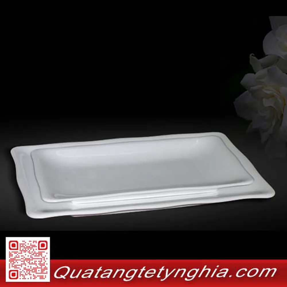 Bộ 02 dĩa chữ nhật mẫu đơn trắng