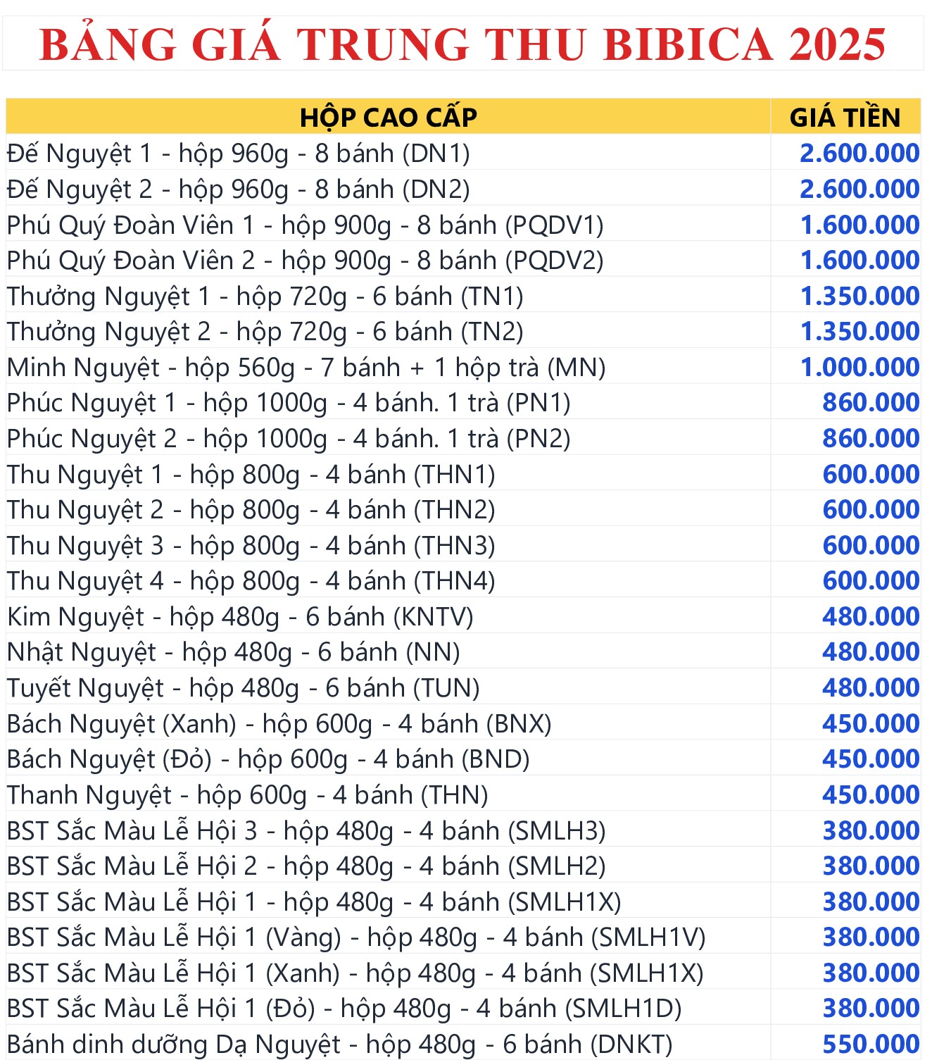Giá bánh trung thu bibica dành cho năm 2025