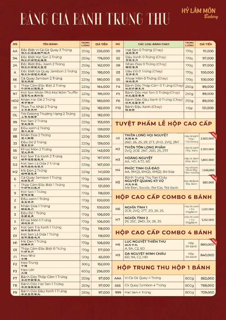 Bảng giá bánh trung thu Hỷ Lâm Môn 2025