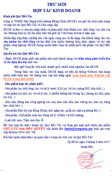 Thư mời hợp tác kinh doanh sản phẩm lọc chất lỏng và lọc bụi, lọc khí Thư mời hợp tác công ty môi trường Đông Châu