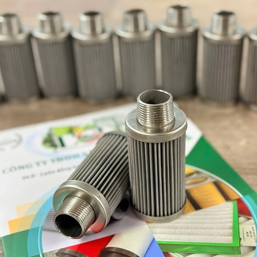 Phin lọc dầu inox xếp nếp 5 micron OD43 x Ren ngoài 27/0 xH80mm nắp inox