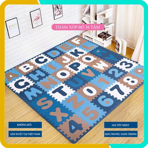 Thảm Chơi Cho Bé Bộ 36 Tấm Phối 4 Màu Pastel ( 26 Chữ Cái + 10 Chữ Số), Kích Thước Mỗi Tấm 30x30x1cm, Tiêu Chuẩn Châu Âu