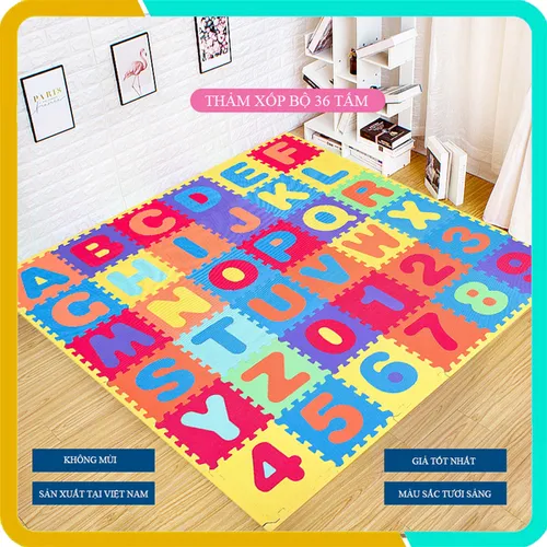 Thảm Ghép Cho Bé Bộ 36 Tấm Phối 7 Màu ( 26 Chữ Cái + 10 Chữ Số), Kích Thước Mỗi Tấm 30x30x1cm, Tiêu Chuẩn Châu Âu