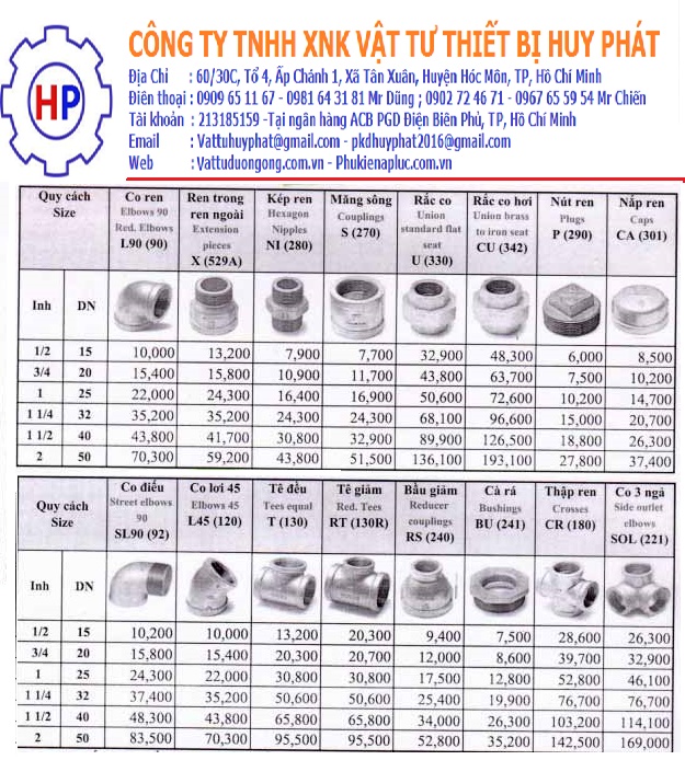 Bảng giá phụ kiện ren mạ kẽm Siam Thái Lan Bảng giá phụ kiện ren mạ kẽm Siam Thái Lan