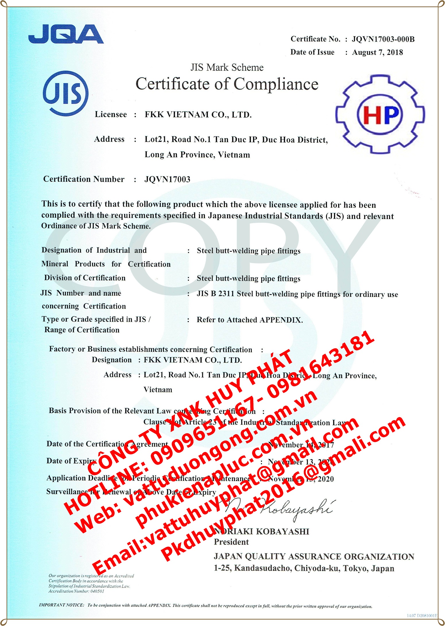 CHỨNG NHẬN CHÁT LƯỢNG FKK