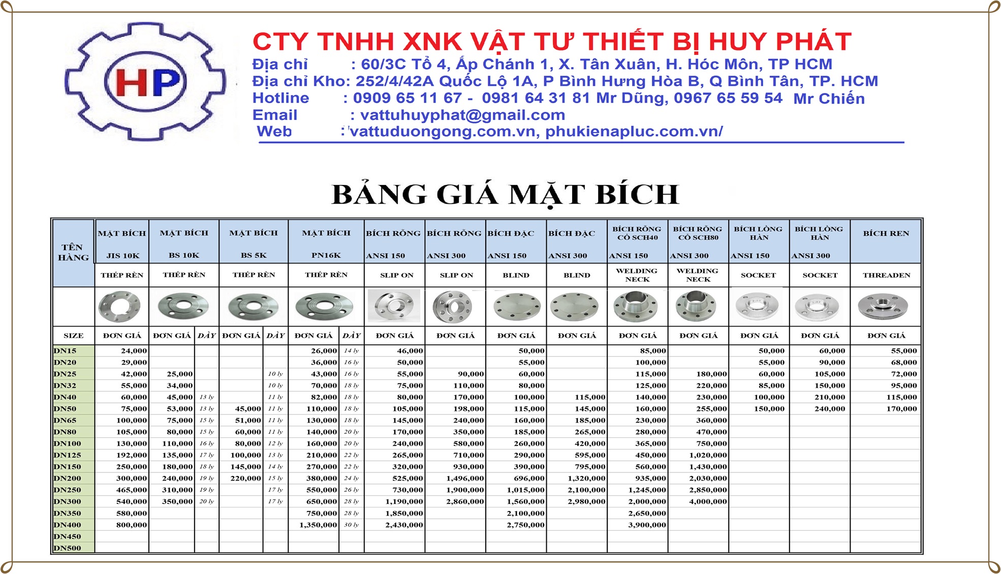 Bảng giá mặt bích 2021 Bảng giá mặt bích 2021