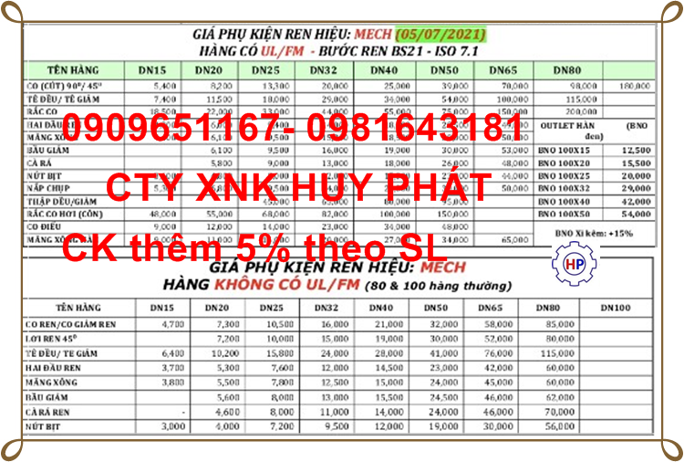 Bảng giá phụ kiện ren Mech giá phụ kiện ren Mech