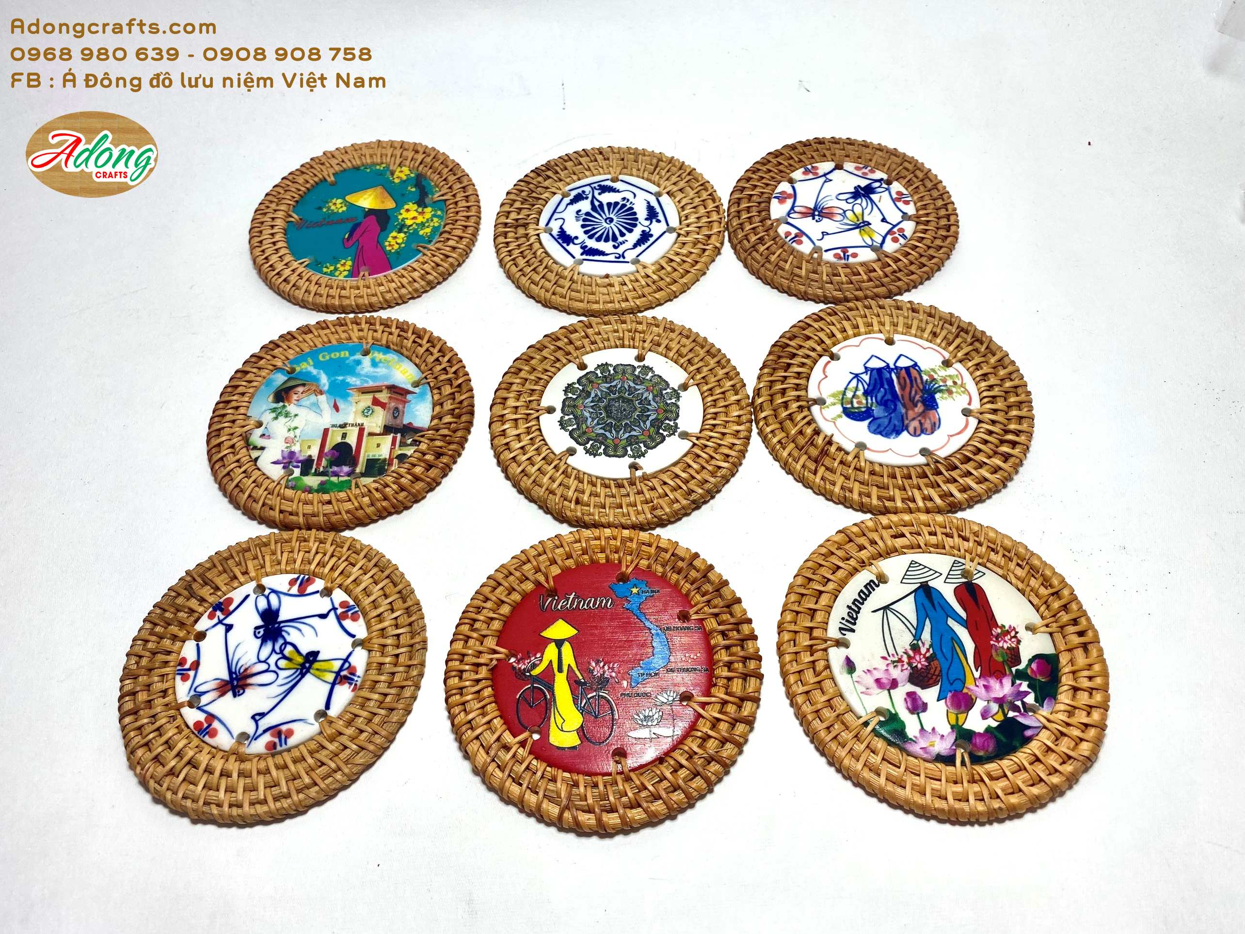 ĐẾ COASTER LÓT LY CỐC BẰNG MÂY ĐAN và SỨ THỦ CÔNG BẰNG TAY - QUÀ TẶNG LƯU NIỆM MỸ NGHỆ VIỆT NAM