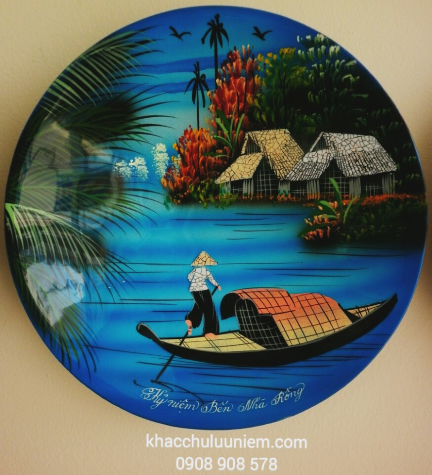 tranh son mai dia xanh ve cảnh lang que viet nam