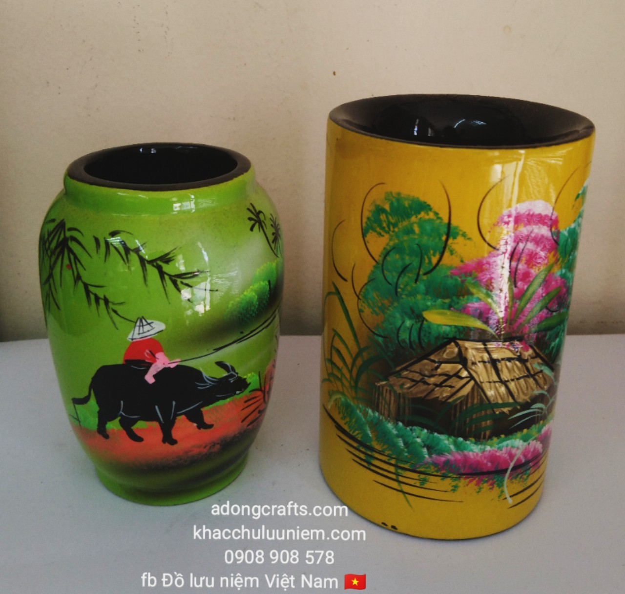Hũ cắm bút Sơn mài tròn cảnh đồng quê Việt Nam