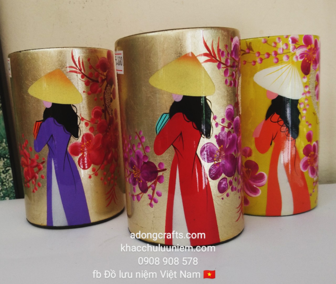 Hũ cắm bút sơn mài hình cô gái Việt Nam