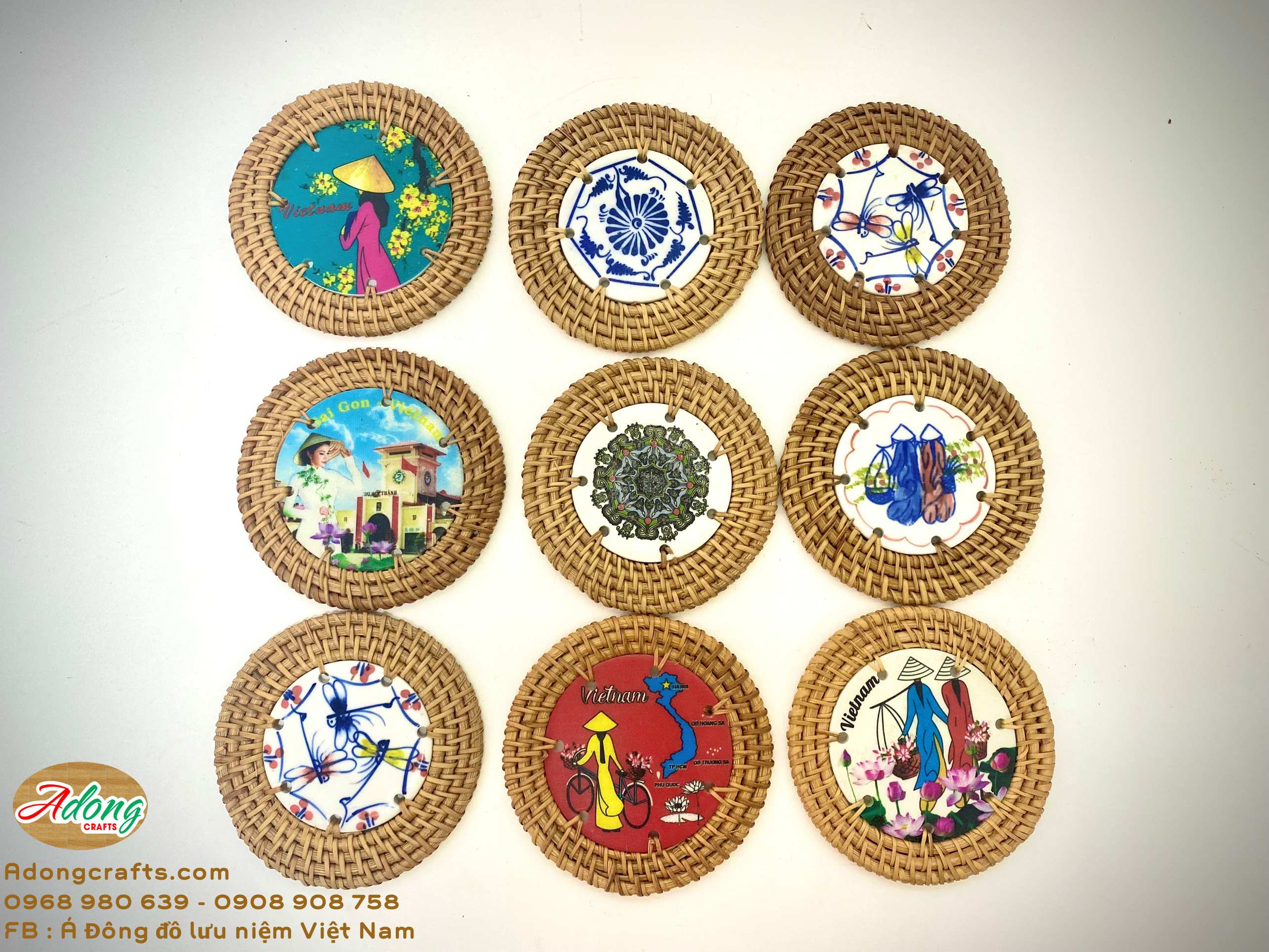 ĐẾ COASTER LÓT LY CỐC BẰNG MÂY ĐAN và SỨ THỦ CÔNG BẰNG TAY - QUÀ TẶNG LƯU NIỆM MỸ NGHỆ VIỆT NAM