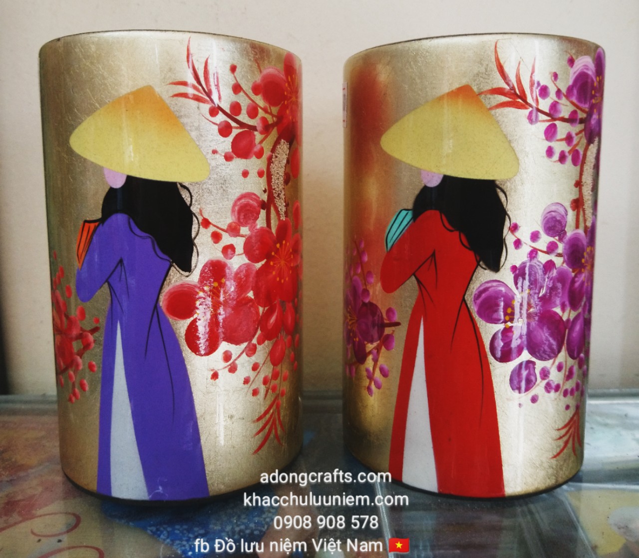 Hũ cắm bút sơn mài hình cô gái Việt Nam đội nón lá mặc áo dài