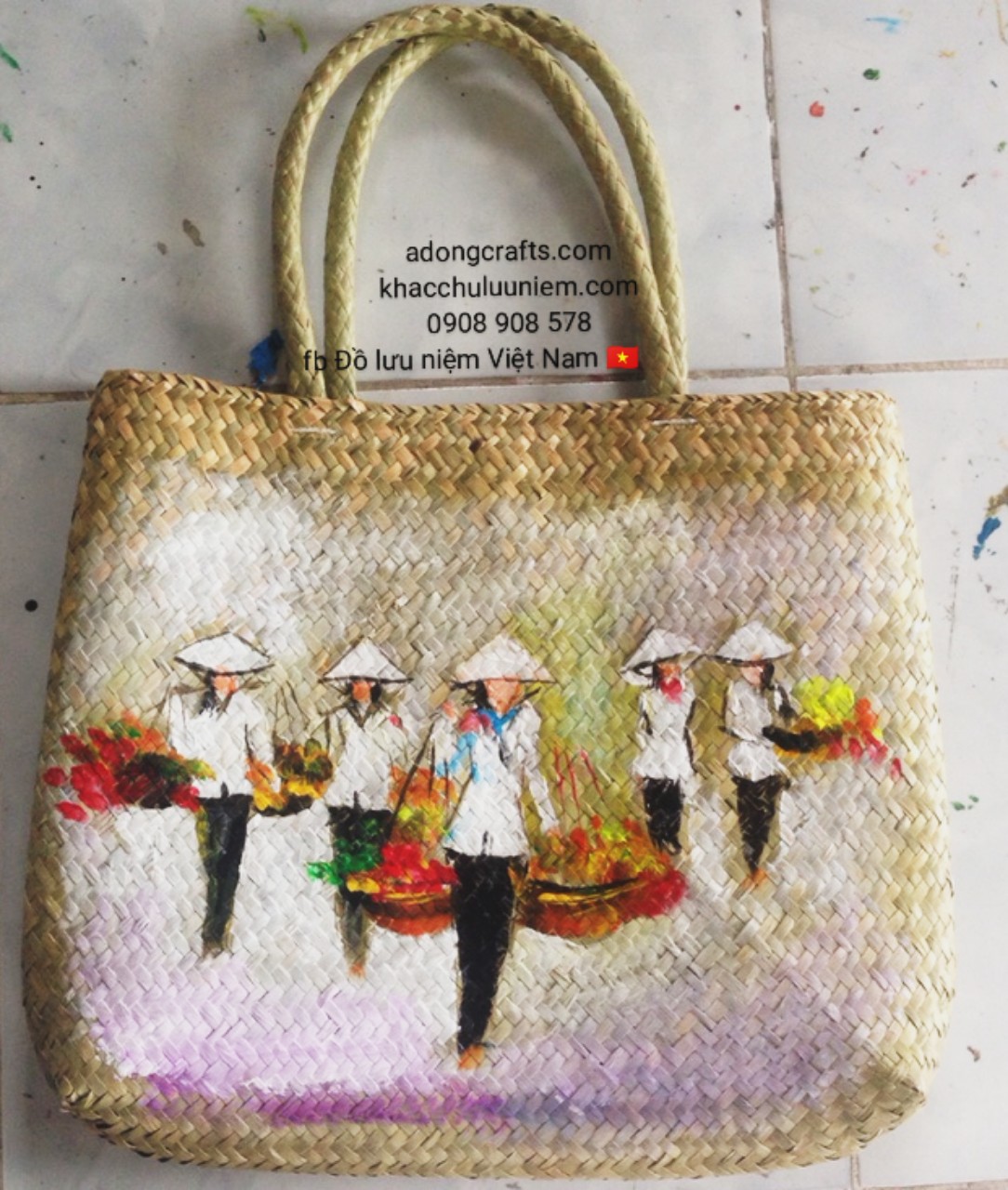Giỏ cói vẽ tranh phong cảnh cảnh đẹp cô gái lang quê viet nam
